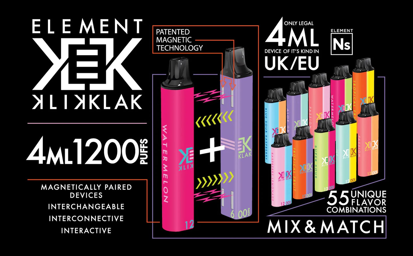 KLIK KLAK 600 puff  20MG Magnetic Disposable Vape - BY ELEMENT **(PACK OF 10)**