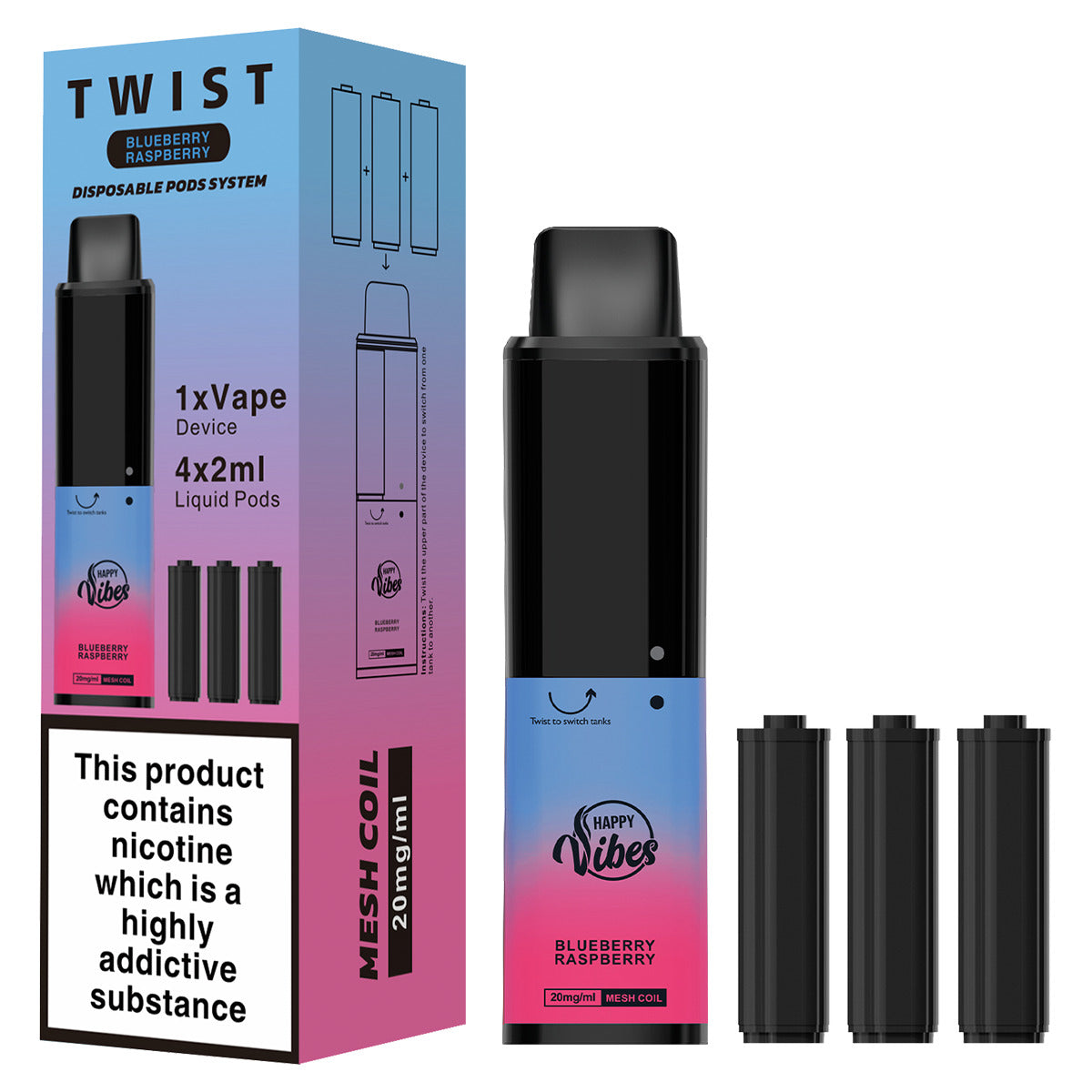 HAPPY VIBES TWST 2400 DISPOSABLE VAPE - 2400 PUFFS - 2% NIC - TPD COMPLAINT - MESH COIL - **(PACK OF 5)**